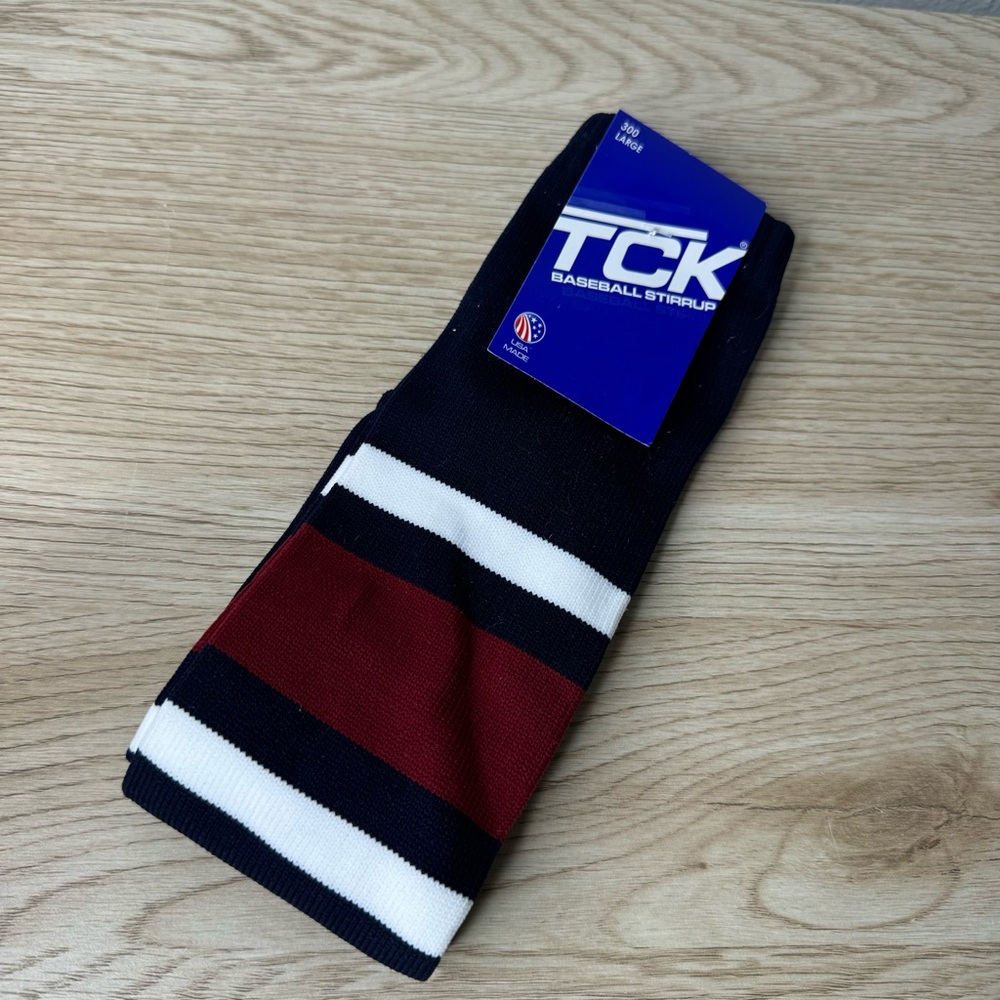 TCK Baseball Stirrup Socks Navy with White and Red‎ / Maroon Stripes NWT Size L